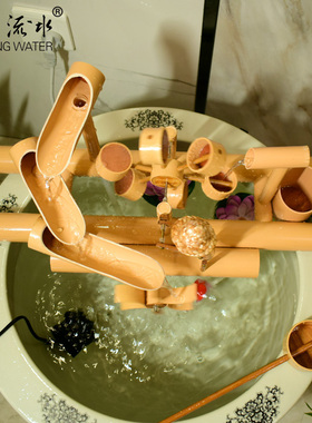 竹人小人推磨拉锯循环流水水车风水轮G竹子流水摆件惊鹿竹制惊鸟