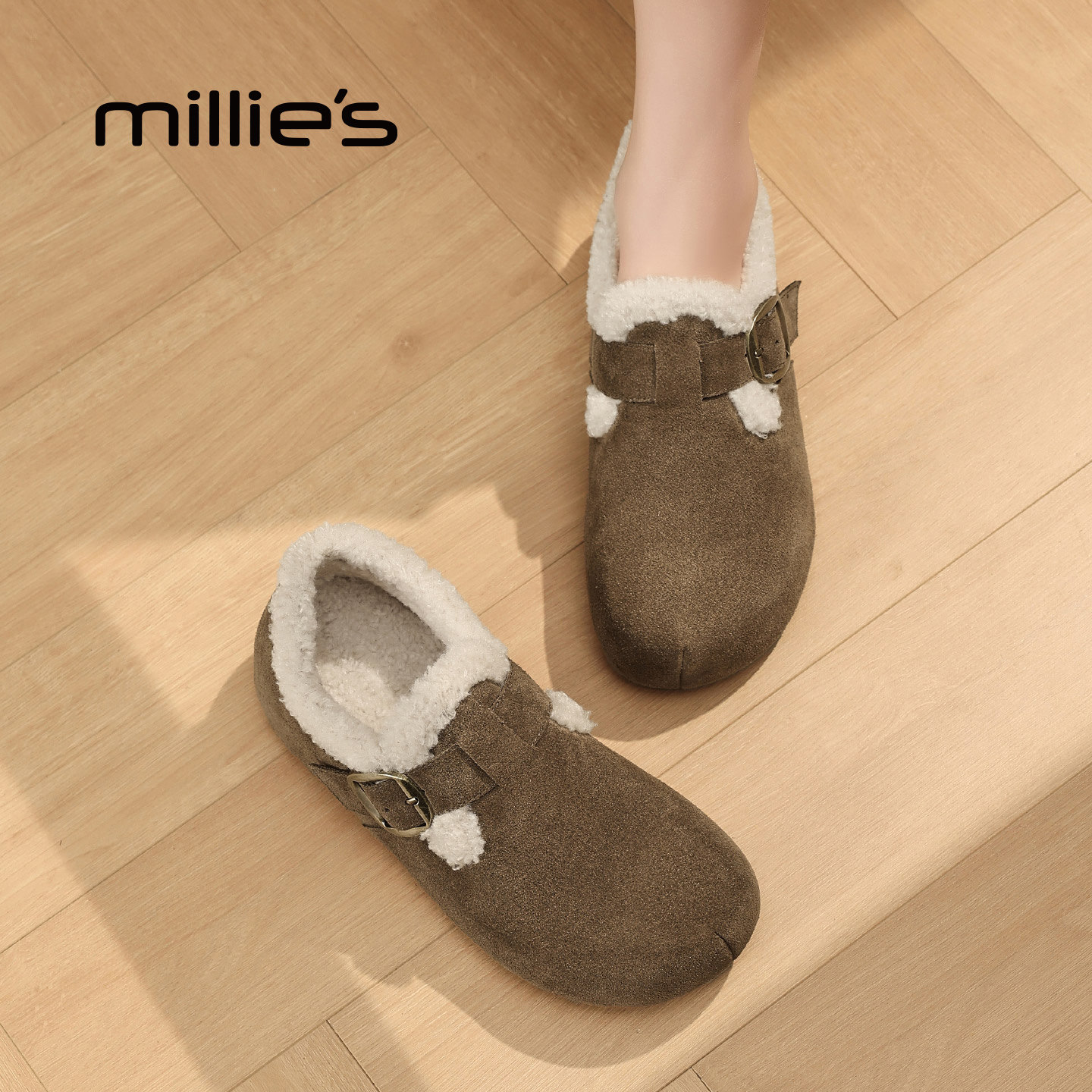 MILLIE'S/妙丽女鞋休闲毛毛鞋2025秋冬季新款加绒勃肯鞋保暖棉鞋,淘宝优惠券,粉丝福利购,淘宝优惠卷