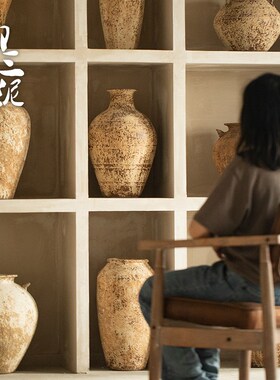 高级感装饰墙格子手工粗陶花器陶罐花瓶纯手作复古侘寂风摆件罐子