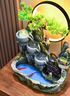 速发器山水景客厅加湿假桌面高山水流摆件循环水招财盆景凤水车轮
