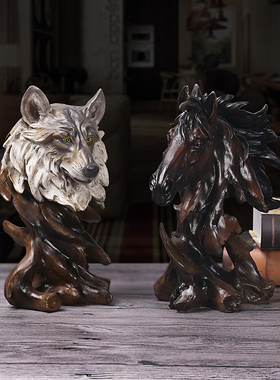 欧式创意仿木雕塑k动物头像根雕摆件客厅办公室样板房道具复古摆