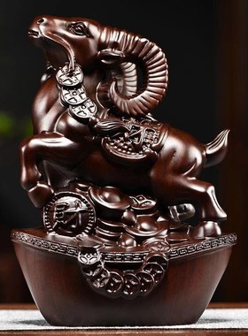 速发绿色木质山羊摆件十刻生肖家财羊雕二福居客厅装饰红木工艺品