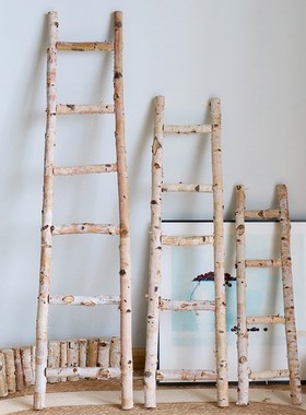 白桦木梯子橱窗花艺o装饰摆件户外花园庭院幼儿园收纳布置拍摄道