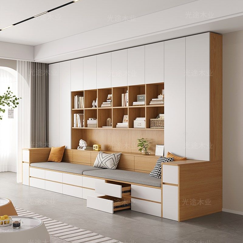 沙发书柜一体客厅墙柜书橱组合多功能家用卡座书架背景储物柜定制,淘宝优惠券,粉丝福利购,淘宝优惠卷