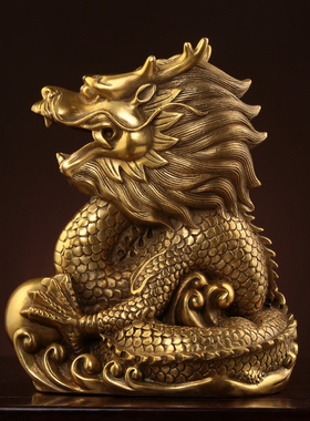 皇轩 龙摆件 铜龙摆件纯黄铜青龙工艺品招财生肖龙金龙摆件装饰品