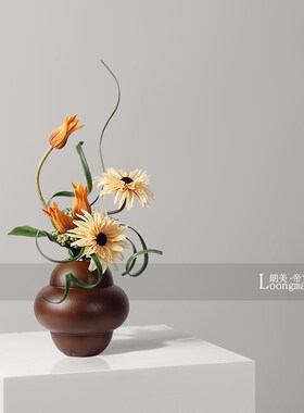 侘寂风黑色实木中古花瓶插花酒店民宿茶几书桌客厅U花艺花器装饰
