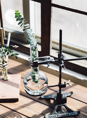 工业风铸铁金属实验室花架烧瓶型花D器玻璃花瓶摆件装饰手冲咖啡