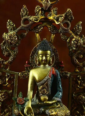 仿古纯铜鎏金药师佛家r居佛堂供养彩绘释迦摩尼药师佛桌面摆件