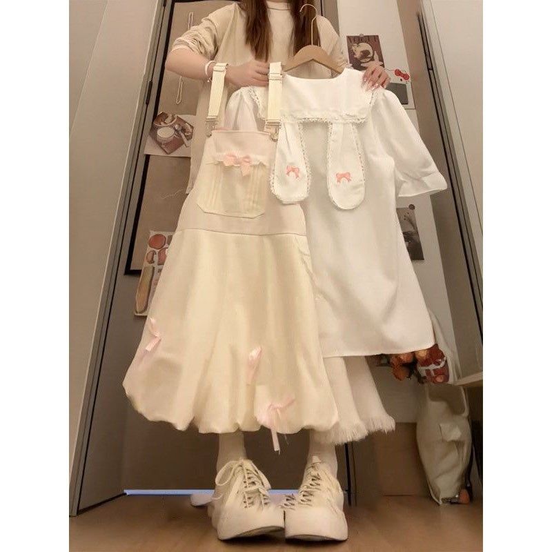 可爱小个子穿搭蝴蝶结花苞抱婴袋裤搭配兔耳朵娃娃领衬衫女两件式,淘宝优惠券,粉丝福利购,淘宝优惠卷