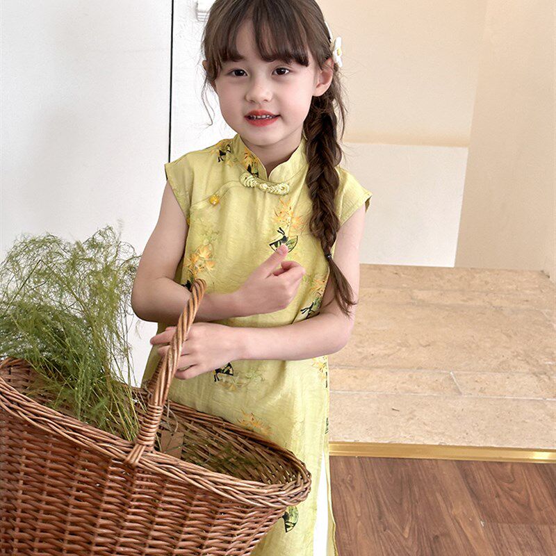 夏季新款女童新中式汉服套装儿童宝宝旗袍裙+盘扣衬衫+雪纺阔腿裤 - 图2