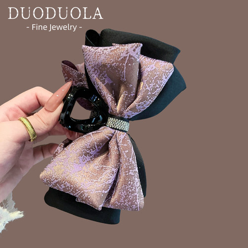 复古高级感缎面蝴蝶结抓夹女后脑勺水钻鲨鱼夹发饰盘发夹发抓简约 - 图3