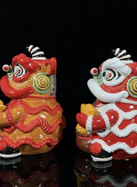 石湾陶瓷醒狮摆件文创舞狮中式客厅电视柜摆设工艺品乔迁开业礼品