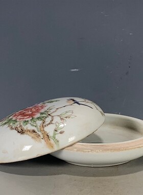 古玩旧货文玩瓷器老货收藏 玩玉底款粉彩花鸟山水童X趣印泥盒摆件