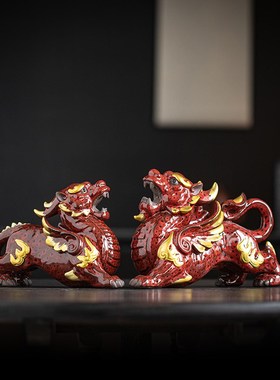 速发中式招礼貔貅摆件一对关瓷大号客厅玄陶装饰品办公室桌面摆设