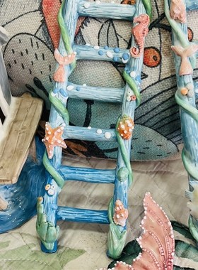 瓷蓓高温釉下彩定制手工陶瓷梯子鱼缸造景摆台件海洋水草海龟贝壳