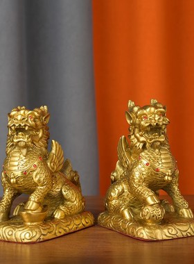 速发纯黄铜麒母居件一对公麟火麒麟家摆装饰品客厅玄关办公室电视