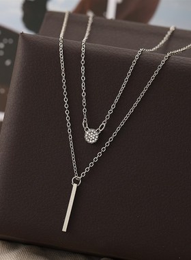 叨欧美新款ins满钻圆牌长条吊坠双层项链女创意个性叠戴锁骨链