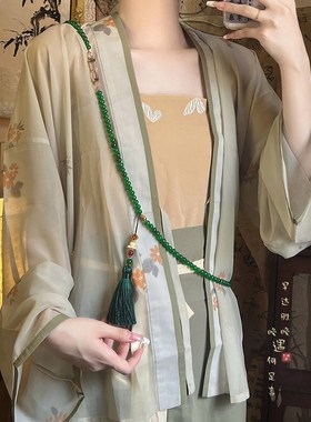 极速国风绿色串珠长款斜挎链手机链新中式古风汉服马面裙项链挂绳