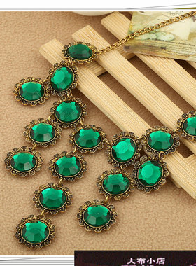 货源欧美项链热卖夸张复古彩色树脂时尚精致花边大气短款 合金艾