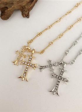 项链架十字锁骨链女小众情侣镶钻吊坠双感高级嘻哈欧美设计心潮流
