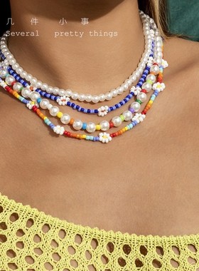 几件小事波西米亚森女系小清新甜美田园风碎花雏菊仿珍珠多层项链