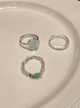 碎银子湖蓝色宝石戒指女开口气质冷淡风戒指网红时尚个性食指戒潮