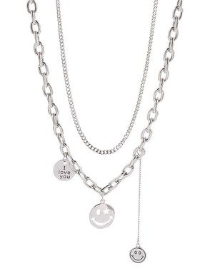 2021热卖 欧美时尚个性双层圆片字母笑脸链条项链  厂家直销