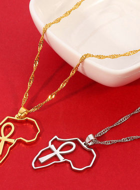 新款复古潮流钛钢十字架非洲地图吊坠项链金色水波链锁骨链首饰