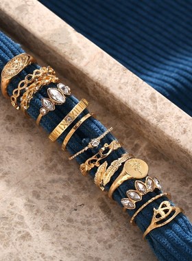 13 piece set rings women Vintage diamond leaf ring set戒指女