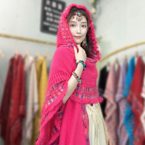 旅游民族风连帽披肩女外搭新疆云南波西米亚空调房流苏针织衫斗篷 - 图3