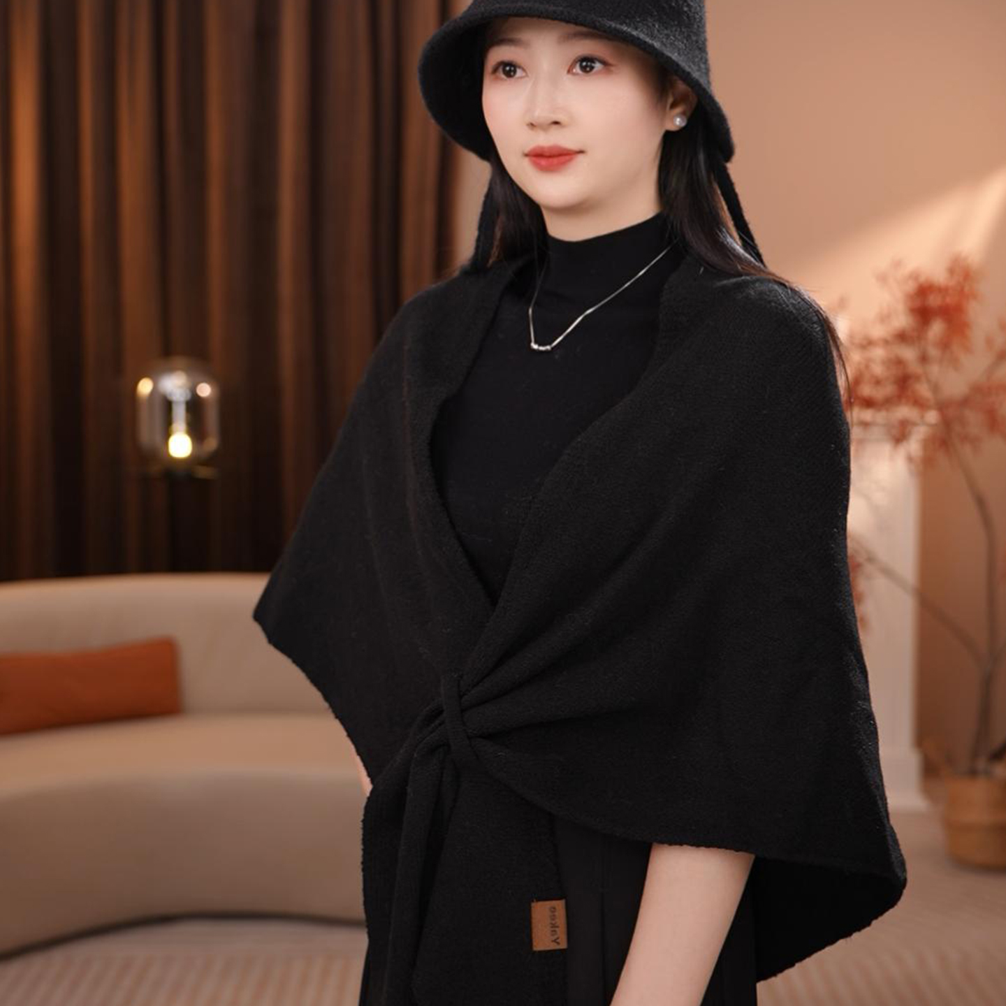 慵懒风三角围巾女秋冬保暖护颈围脖羊毛混纺纯色空调房大披肩外搭