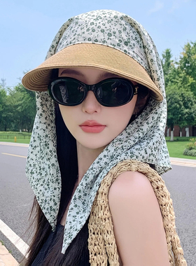 绑带丝巾草编帽子女防晒帽夏季防紫外线新款遮发护颈遮阳帽太阳帽