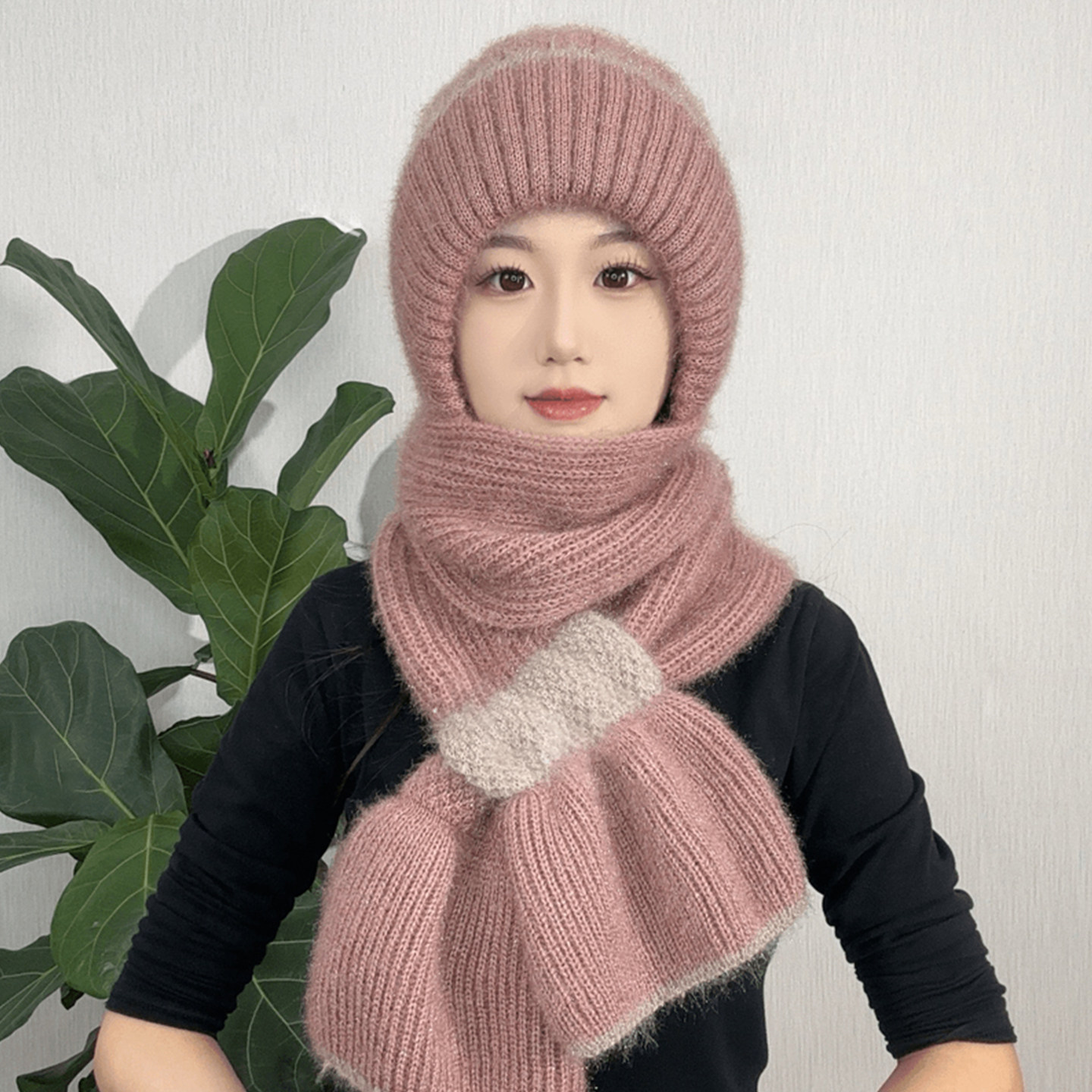 加绒加厚帽子围巾一体冬季保暖新款针织毛线风雪帽松鼠绒保暖帽女,淘宝优惠券,粉丝福利购,淘宝优惠卷