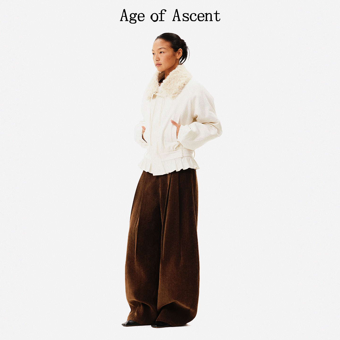 Age of Ascent 城市御冬压褶收腰荷叶边可拆卸毛领宽松棉服外套 - 图1