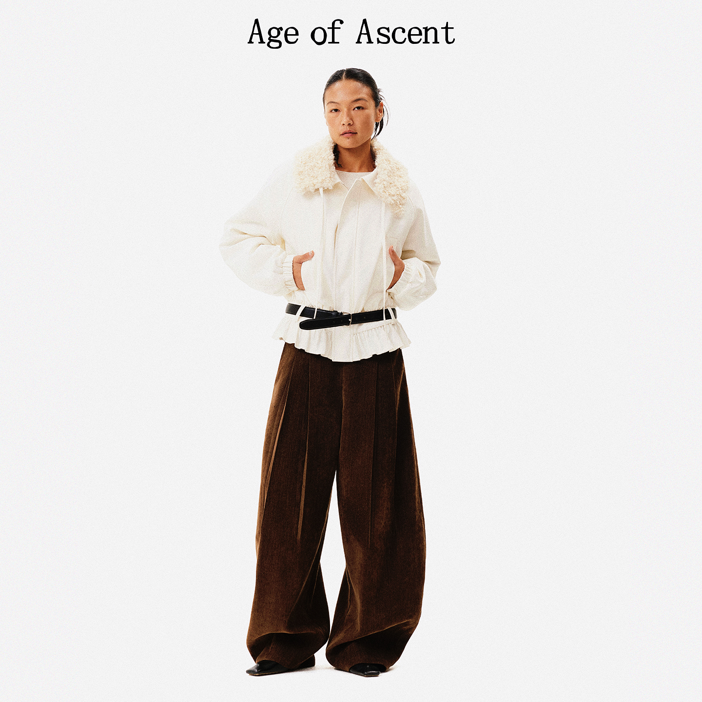 Age of Ascent 城市御冬压褶收腰荷叶边可拆卸毛领宽松棉服外套 - 图2