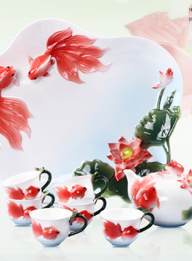 珐琅彩法兰骨质瓷茶具套装创意手绘摆件客厅茶P几家居工艺装饰用