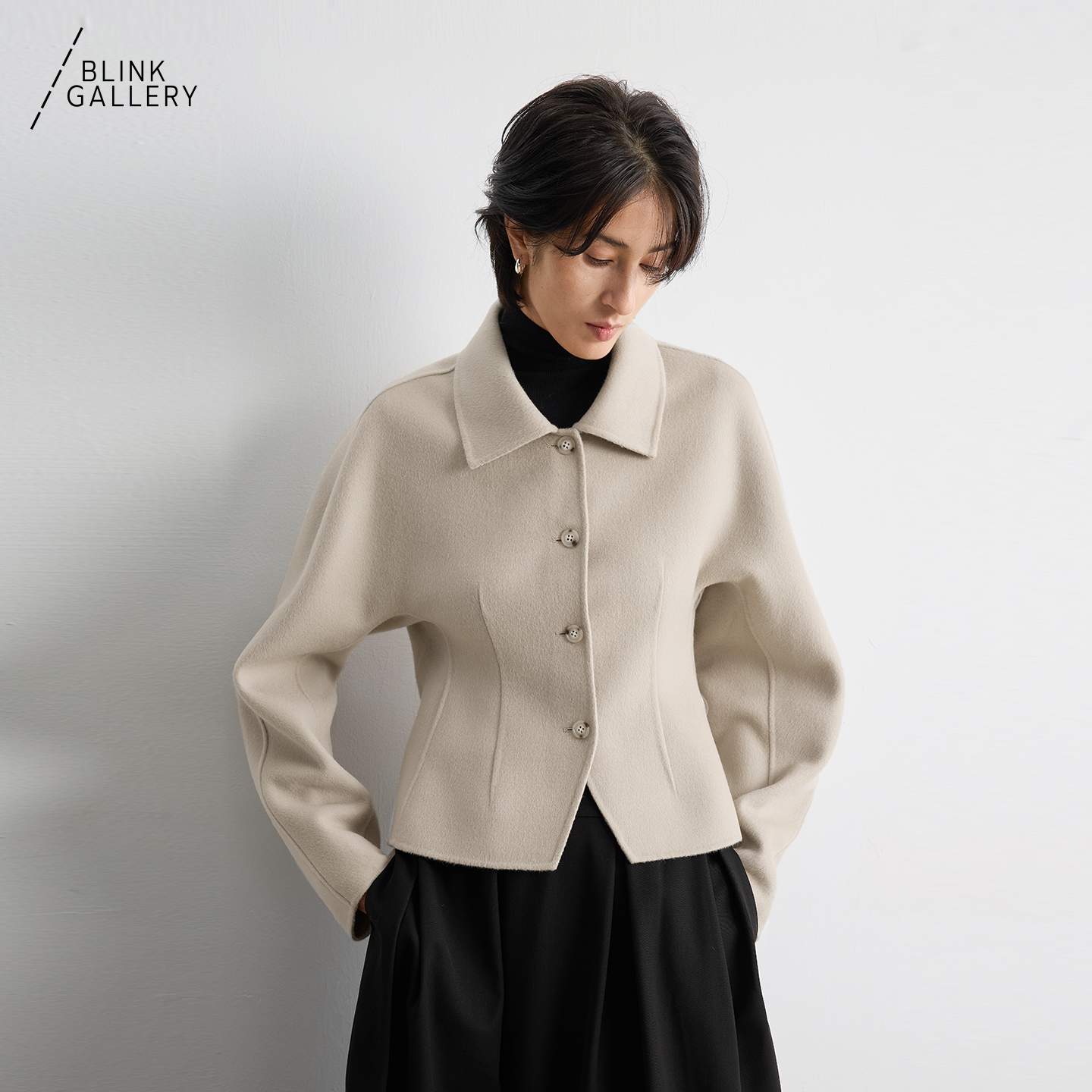BLINK/进口頂奢羊毛羊绒爆款箱型收腰短上衣细腻翻领双面呢外套 - 图0