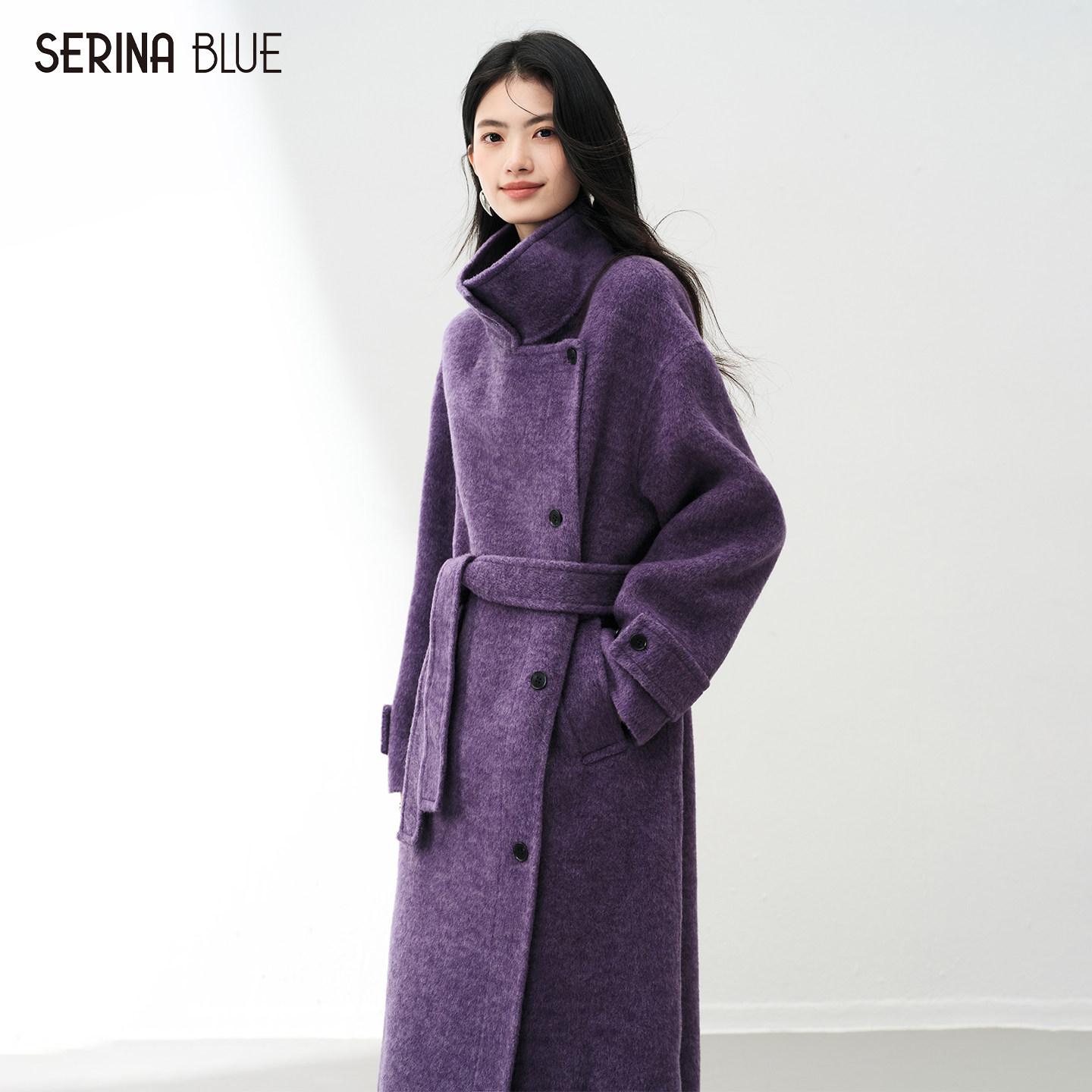 SeRina Blue2025年冬季新款紫色气质高端羊毛双面呢大衣女士外套