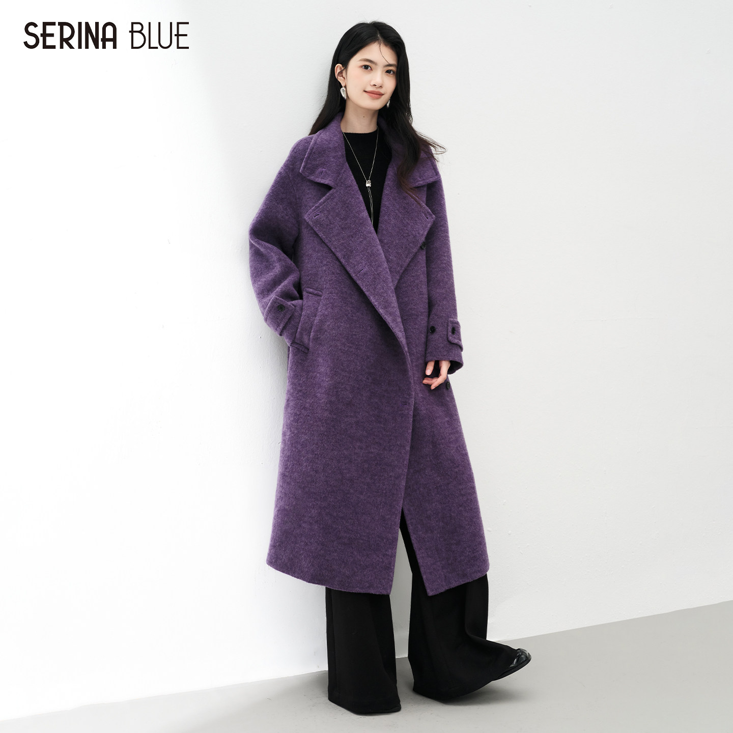 SeRina Blue2025年冬季新款紫色气质高端羊毛双面呢大衣女士外套