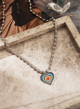 彩虹爱心圆珠项链ins冷淡风创意短款锁骨链欧美choker嘻哈毛衣链