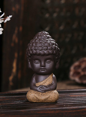 极速陶瓷茶宠小佛像汽车摆件紫砂工艺品彩砂陶桌面茶盘摆设小如来