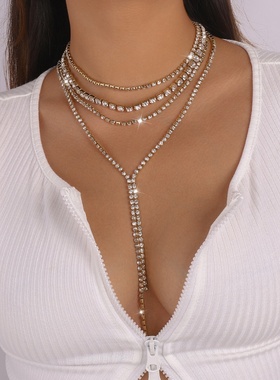 夸张小众时尚水钻颈链 多层轻奢流苏项链晚宴舞会背部饰品