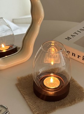 极速ins风灯盏木制托盘蜡烛台玻璃香薰蜡烛复古日式客厅餐厅装饰