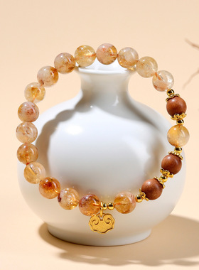 天然水晶黄塔晶老山檀祥云手链