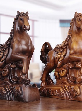 速发实木雕马摆件招财马到成柜家居装饰工艺品客厅酒功办公室开业