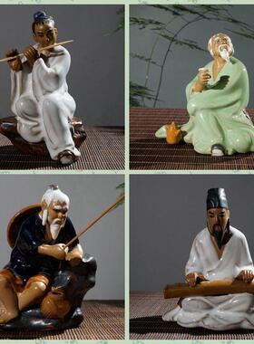 速发石湾陶缸摆件盆景配件石湾鱼瓷假山装饰品陶瓷物人摆件下