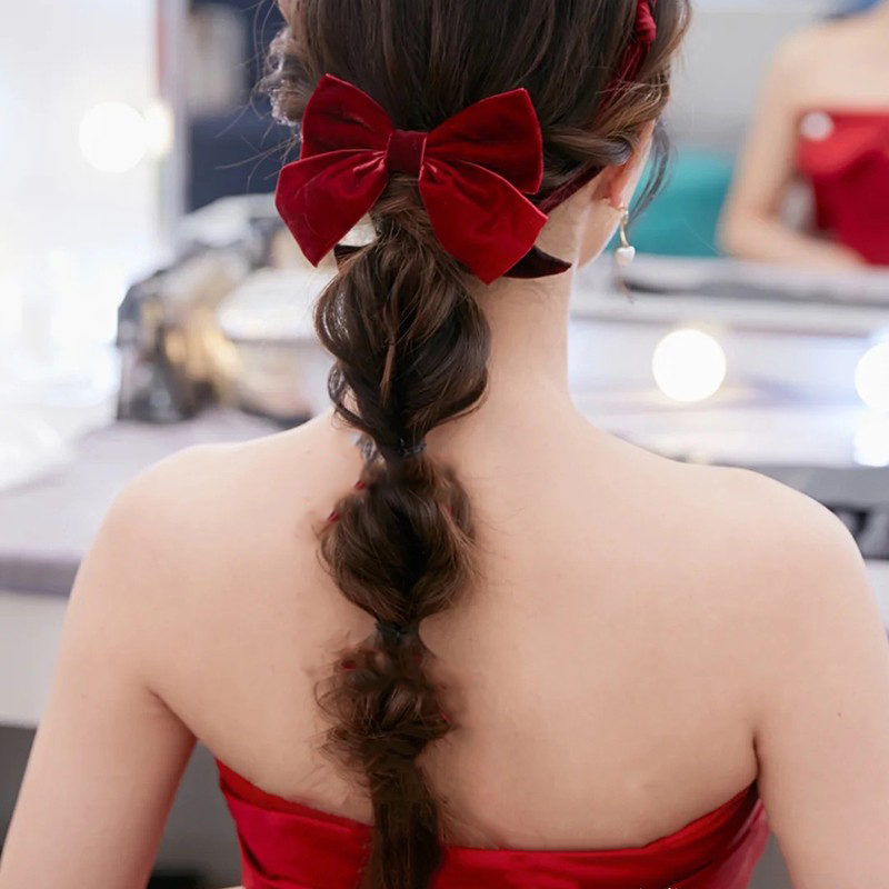 现货速发新娘敬酒服头饰复古酒红色大蝴蝶结发夹超仙顶夹夹子发卡 - 图0