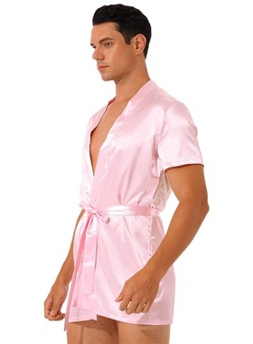 极速Men Sissy Satin Lace Kimono NightRobe Nightwear SeeThrou