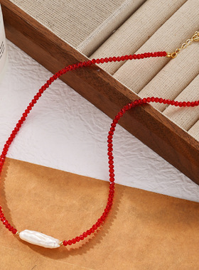 安克拉红色项链天然石锁骨链