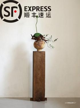 新中式侘寂风复古客厅茶室玄关落地实木墩花架装饰品造景摆件花托